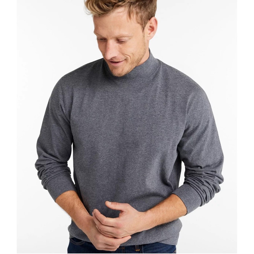 L.L. Bean Men's Carefree Unshrinkable Mockneck Shirt Charcoal Gray Cotton Large